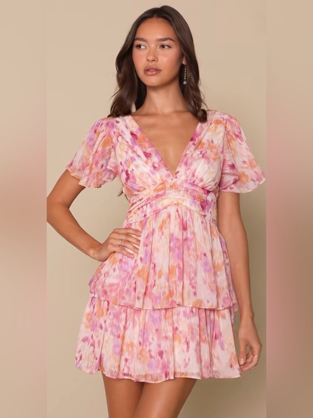 Lulus Sunny Evenings Pink Multi Lurex Flutter Sleeve Mini Dress XS